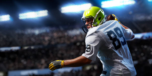 american football sportsman player on stadium in action. sport advertising - football player american football sport determination imagens e fotografias de stock