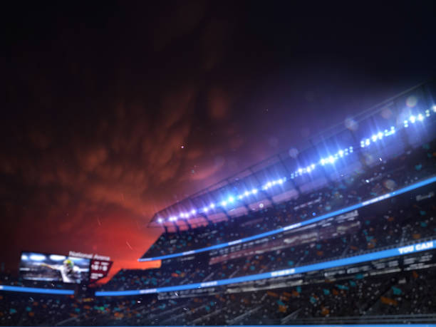 Empty American football field. celebrate win or touchdown. unfocus background