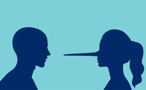 Vector illustration of Lies in the couple. Vector of a man looking at a lying girl with a long nose.