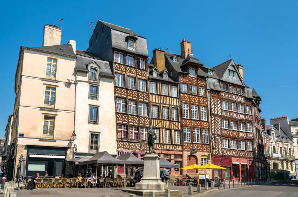 Traditional half-timbered houses in the old town of Rennes, France stock photo