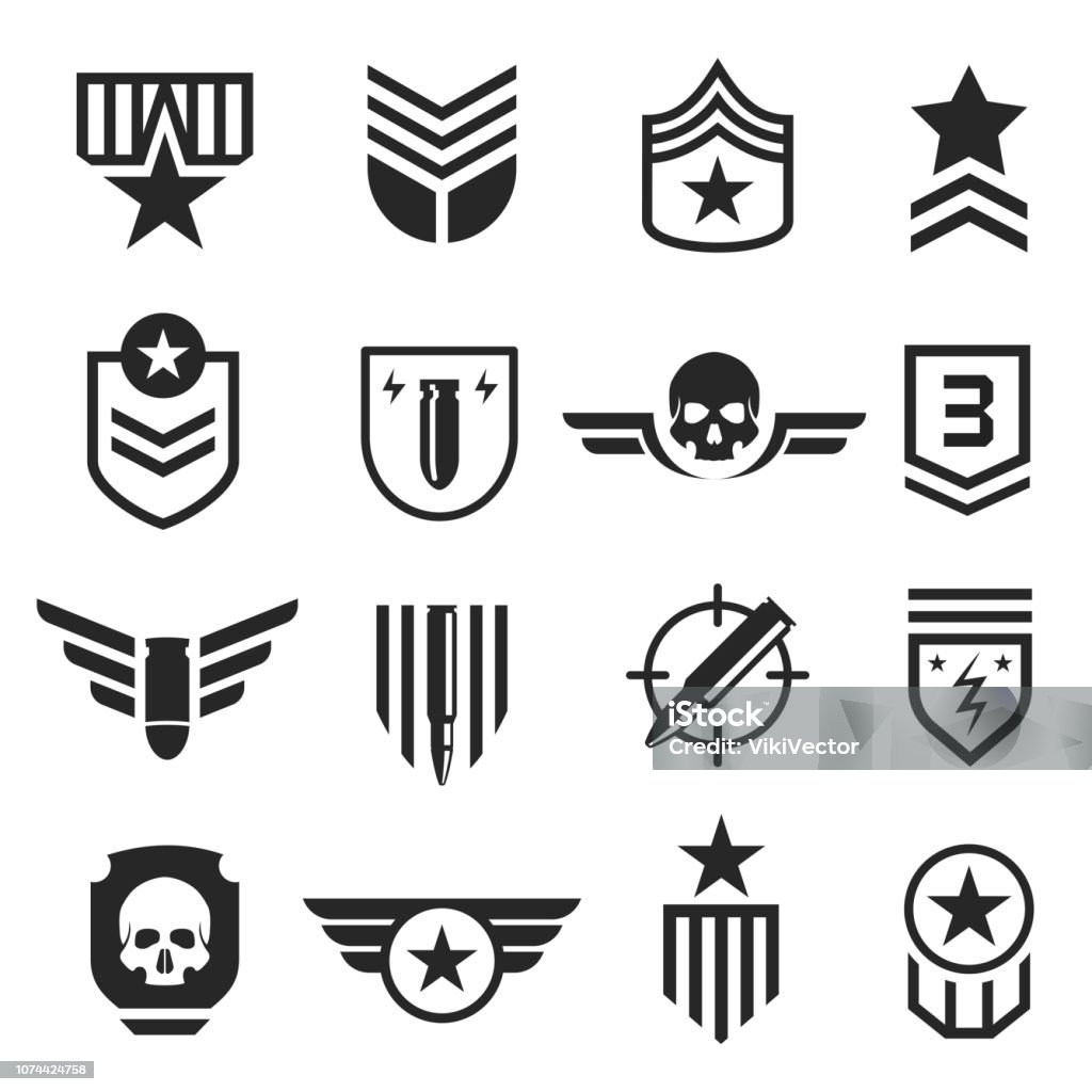 Military and army design element icon set Military and army design element icon set. Soldiers or armed forces decor. Vector line art illustration isolated on white background Military stock vector