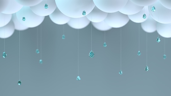3d illustration. Decorative clouds and raindrops in the room.