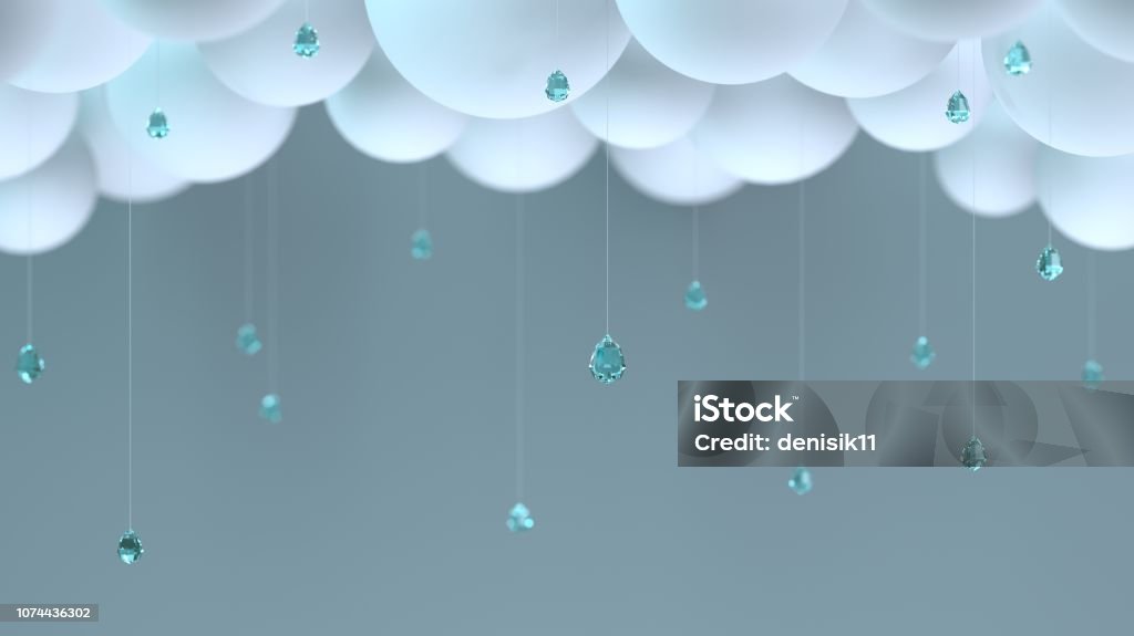 Decorative clouds and raindrops 3d illustration. Decorative clouds and raindrops in the room. Balloon Stock Photo