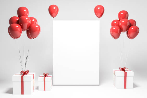 istock White presents with red balloons, mock up poster 1074453484
