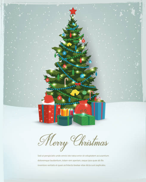 Christmas tree with decorations and gift boxes. Holiday background. Merry Christmas and Happy New Year. Vector Christmas tree with decorations and gift boxes. Holiday background. Merry Christmas and Happy New Year. Vector illustration light through trees stock illustrations