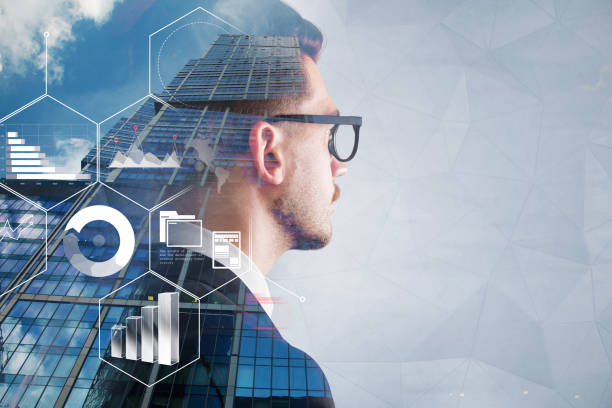 istock Businessman in glasses, infographics interface 1074457756