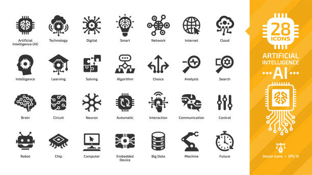 Vector artificial intelligence glyph icon set with machine learning, smart robotic and computer network digital AI technology: intelligent tech, brain circuit chip, cloud computing and internet sign. vector art illustration