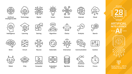 Vector artificial intelligence editable stroke thin outline icon set with machine learning, smart robotic and cloud computing network digital AI technology: internet, solving, algorithm, choice sign.