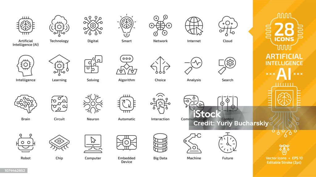 Vector artificial intelligence editable stroke thin outline icon set with machine learning, smart robotic and cloud computing network digital AI technology: internet, solving, algorithm, choice sign. Icon Symbol stock vector