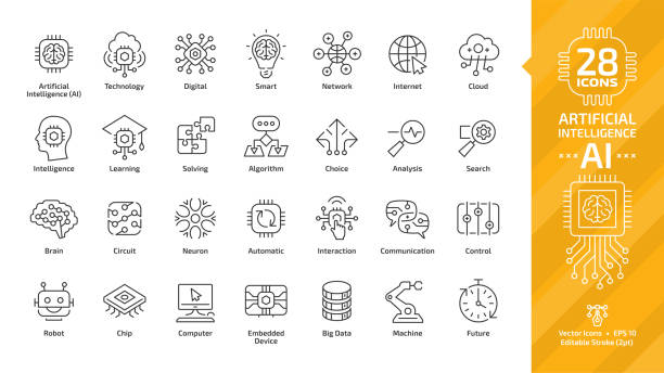 Vector artificial intelligence editable stroke thin outline icon set with machine learning, smart robotic and cloud computing network digital AI technology: internet, solving, algorithm, choice sign. Vector artificial intelligence editable stroke thin outline icon set with machine learning, smart robotic and cloud computing network digital AI technology: internet, solving, algorithm, choice sign. robot stock illustrations