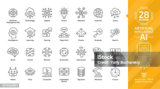 Vector Artificial Intelligence Editable Stroke Thin Outline Icon Set With Machine Learning Smart Robotic And Cloud Computing Network Digital Ai Technology Internet Solving Algorithm Choice Sign Stock Illustration - Download Image Now