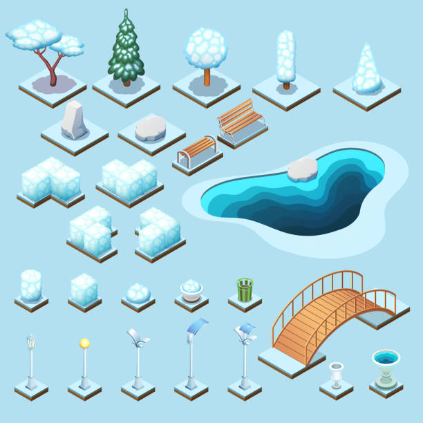 等尺性の木、岩、および異なる公園オブジェクトの冬コレクション。 - snow winter bench park点のイラスト素材／クリップアート素材／マンガ素材／アイコン素材