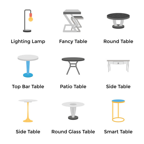 illustrazioni stock, clip art, cartoni animati e icone di tendenza di set di tavoli da soffitto e lampade da terra - tavolino