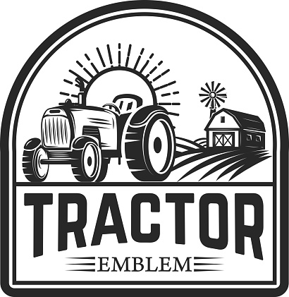 tractor emblem. Farmers market. Design element for label, sign. Vector illustration