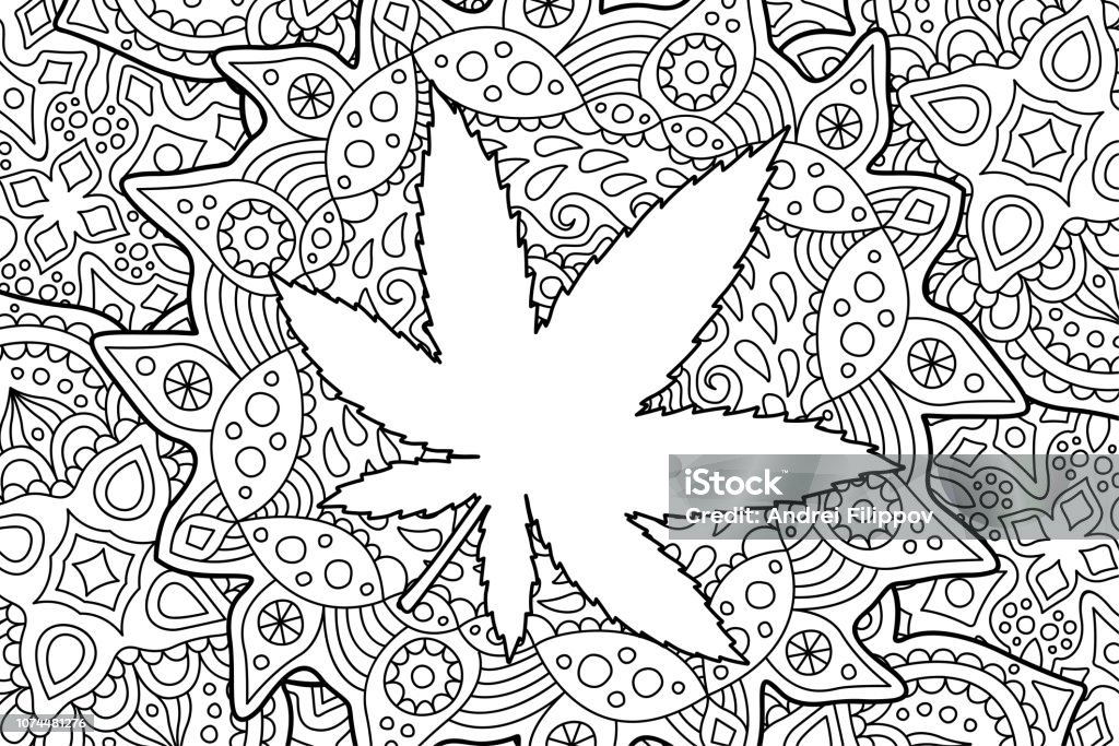 Adult coloring book page with cannabis leaf Beautiful adult coloring book page with white cannabis leaf silhouette Cannabis Plant stock vector