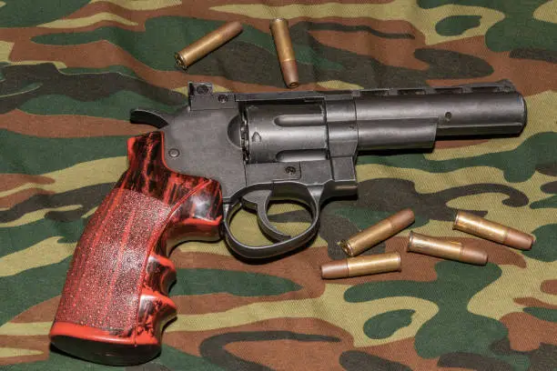 Photo of Revolver on camouflage background. Pneumatic gun 4,5 mm