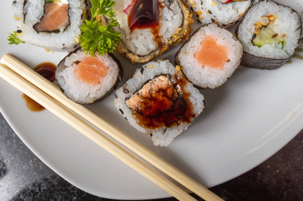 istock Japanese food on a white plate seen from top 1074507436
