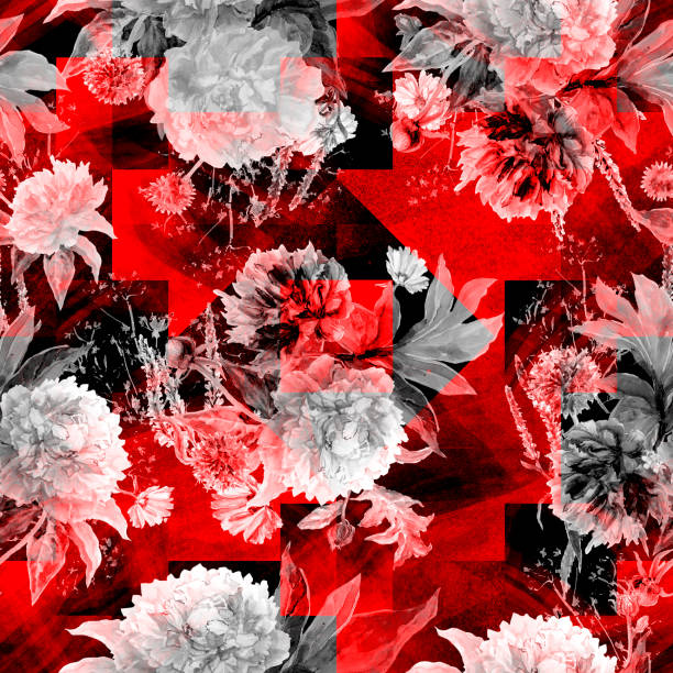 istock Watercolor peonies, chamomiles in bright red, black and white tones. 1074512220
