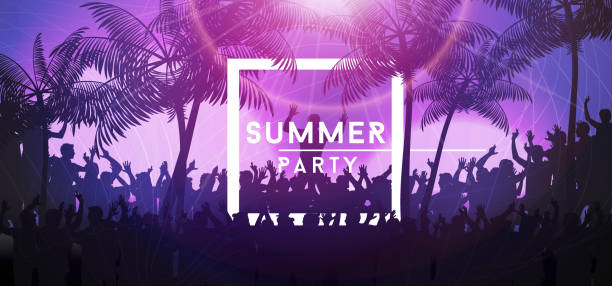Summer party banner with crowd design Summer party banner with crowd design beach party stock illustrations