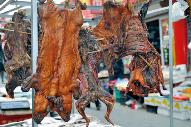 Butcher shop with various meats as Peking duck,chicken,pig in Beijing, China