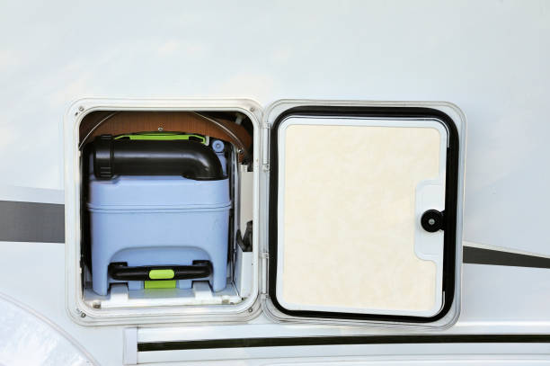 Toilet tank for the restroom inside a motorhome stock photo