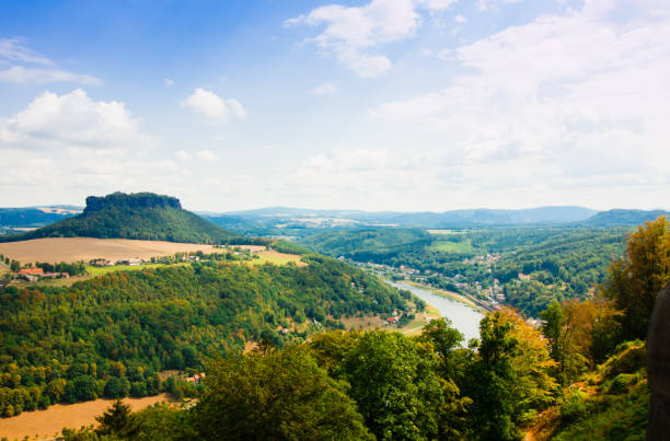 View from old Koenigstein castle down on river Elbe in Saxony, Germany