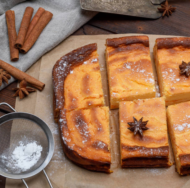 istock cut into pieces of a rectangular cake of cottage cheese and pumpkin 1074523644