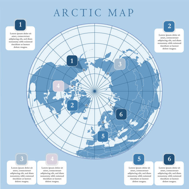 Arctic map with countries boundary, grid and label. Arctic regions of northern hemisphere. Circumpolar projection. Vector. Infographic. Blue background. Arctic map with countries boundary, grid and label. Arctic regions of northern hemisphere. Circumpolar projection. Vector. Infographic. Blue background. north pole map stock illustrations