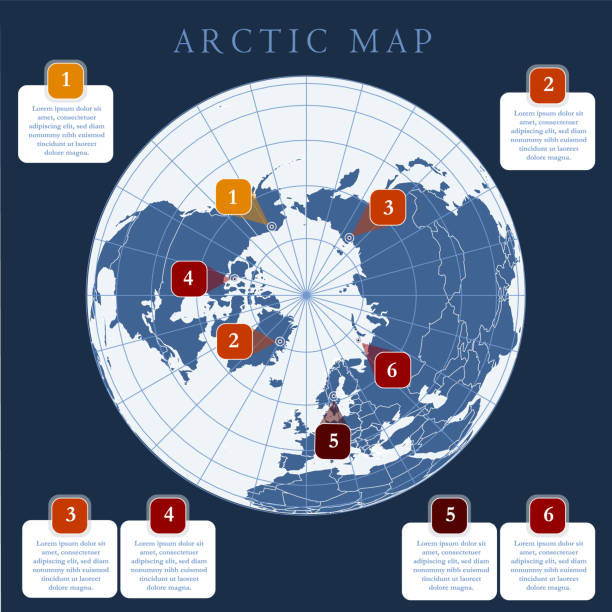 istock Arctic map with countries boundary, grid and label. Arctic regions of northern hemisphere. Circumpolar projection. Vector. Infographic. Dark background. 1074547144