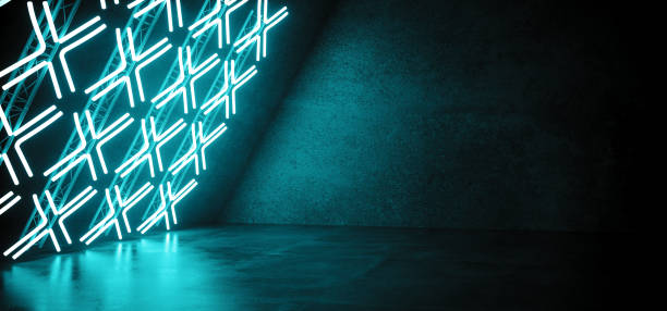 istock Dark Empty Sci Fi Modern Futuristic Blue Cross Shaped Neon Led Glowing Lights On Grunge Concrete Reflection Room Empty Space For Text 3D Rendering 1074559578