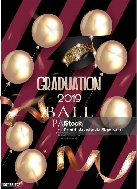 Graduation Party Invitation Card With Striped Background Air Balloons Vector Illustration Stock Illustration - Download Image Now