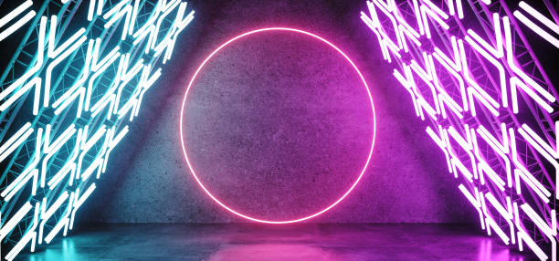 istock Modern Futuristic Sci Fi Retro Empty Podium Stage With Triangle Shaped Construction With Neon Glowing Cross Shaped Blue Purple Lights With Circle Neon Lights On Concrete Reflection 3D Rendering 1074564944