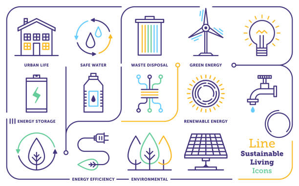 zestaw ikon linii zrównoważonego życia - power supply obrazy stock illustrations