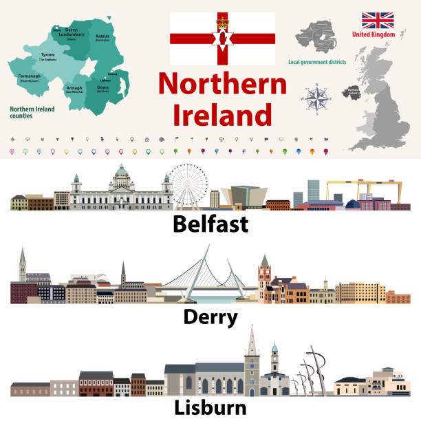 ilustraciones, imágenes clip art, dibujos animados e iconos de stock de mapa de condados de irlanda del norte y skylines de las ciudades más grandes. conjunto de vectores - northern ireland