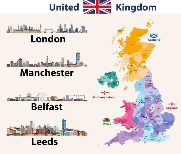 illustrazioni stock, clip art, cartoni animati e icone di tendenza di icone degli skyline delle città del regno unito. mappa dettagliata del regno unito con confini di paesi e regioni. tutti i livelli modificabili ed etichettati. illustrazione vettoriale - leeds england uk city famous place