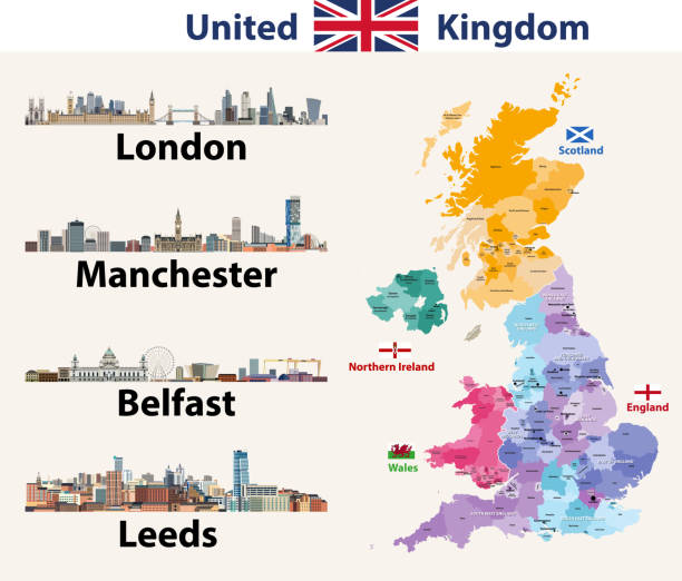 영국 도시 스카이 라인 아이콘입니다. 국가 및 지역 국경 가진 영국의 높은 상세한 지도. 모든 레이어를 편집 가능 하 고 이라는입니다. 벡터 일러스트 레이 션 - manchester stock illustrations