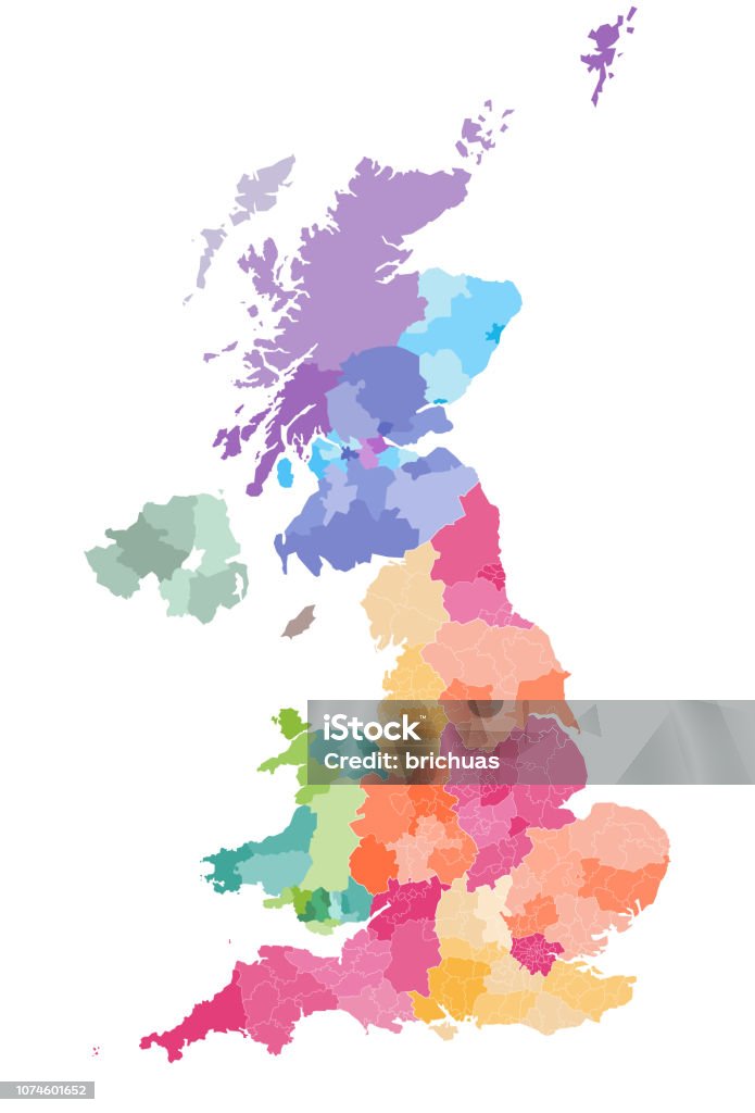 carte de vecteur des subdivisions administratives de Royaume Uni coloré par pays et régions. Carte districts et comtés d’Angleterre, au pays de Galles, Ecosse et Irlande du Nord - clipart vectoriel de Carte libre de droits