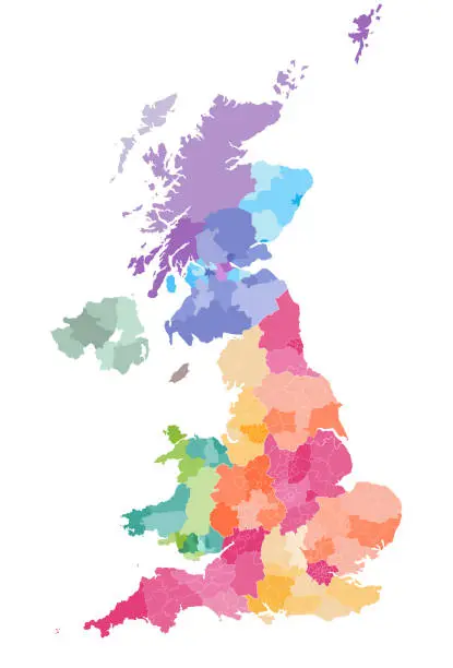 Vector illustration of vector map of United Kingdom administrative divisions colored by countries and regions. Districts and counties map of England, Wales, Scotland and Northern Ireland