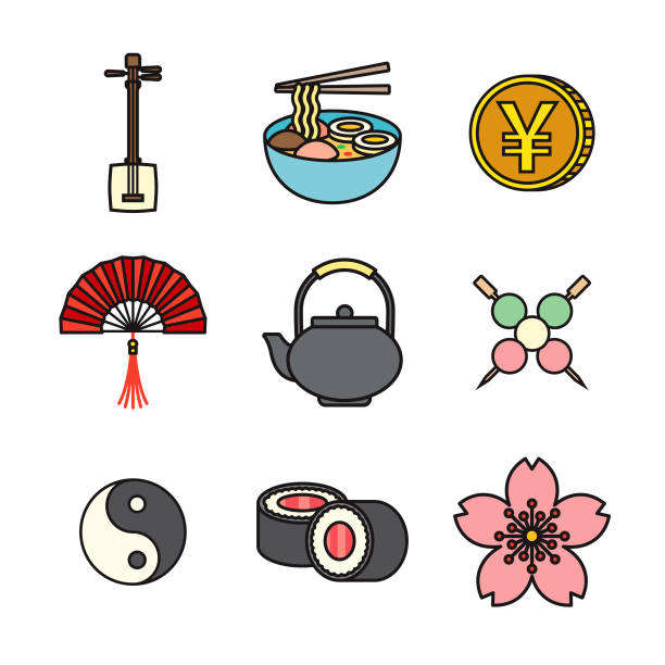 Japan Thin Line Icon Set A set of nine flat design thin line icons. Color swatches are global so it’s easy to edit and change the colors. File is built in CMYK for optimal printing and the background is transparent (not white) so you can easily isolate and place the icons onto different colored backgrounds. japanese food icon stock illustrations