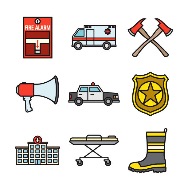 Emergency Services Thin Line Icon Set A set of nine flat design thin line icons. Color swatches are global so it’s easy to edit and change the colors. File is built in CMYK for optimal printing and the background is transparent (not white) so you can easily isolate and place the icons onto different colored backgrounds. officer boots stock illustrations