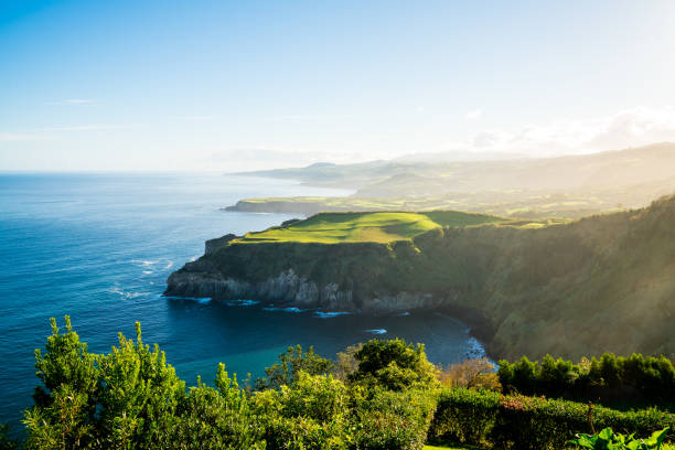 nature view on Azores with small villages stock photo