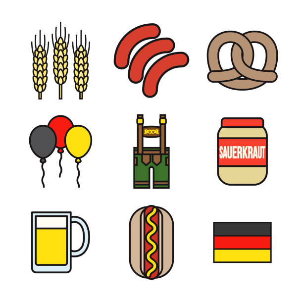 германия тонкая линия значок установить - meat bratwurst sausage sauerkraut stock illustrations