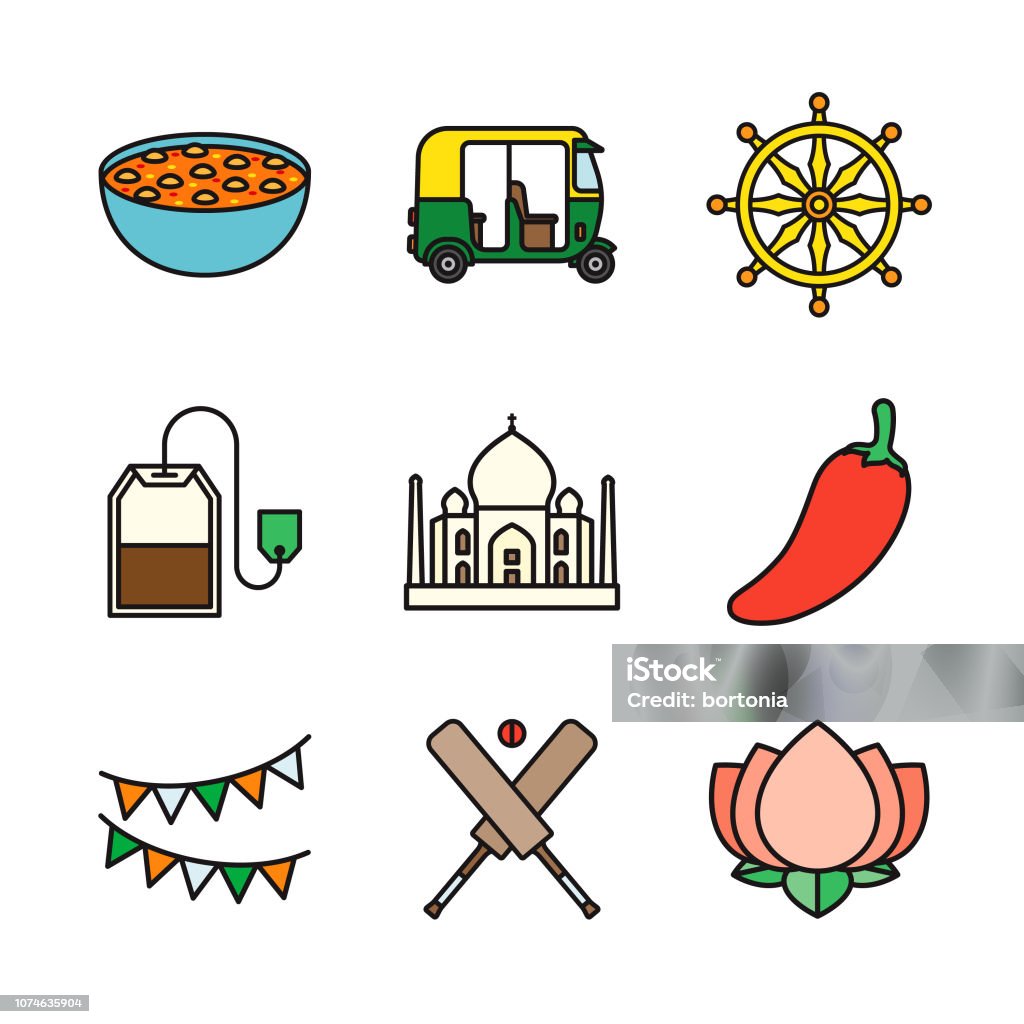 India Thin Line Icon Set A set of nine flat design thin line icons. Color swatches are global so it’s easy to edit and change the colors. File is built in CMYK for optimal printing and the background is transparent (not white) so you can easily isolate and place the icons onto different colored backgrounds. Icon Symbol stock vector