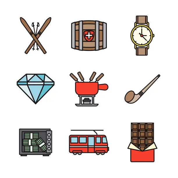 Vector illustration of Switzerland Thin Line Icon Set