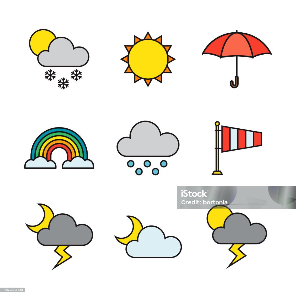 Weather Thin Line Icon Set A set of nine flat design thin line icons. Color swatches are global so it’s easy to edit and change the colors. File is built in CMYK for optimal printing and the background is transparent (not white) so you can easily isolate and place the icons onto different colored backgrounds. Clip Art stock vector