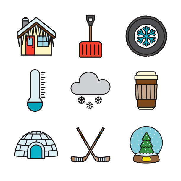 ilustrações de stock, clip art, desenhos animados e ícones de winter thin line icon set - january winter icicle snowing