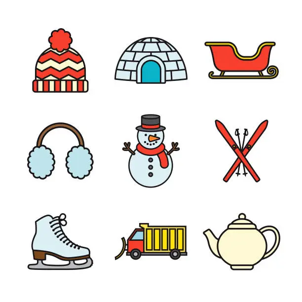 Vector illustration of Winter Thin Line Icon Set