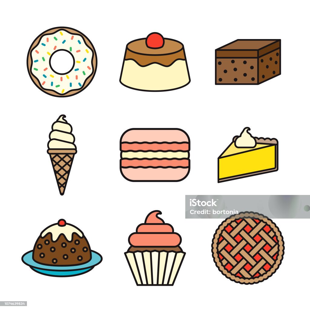 Dessert Thin Line Icon Set A set of nine flat design thin line icons. Color swatches are global so it’s easy to edit and change the colors. File is built in CMYK for optimal printing and the background is transparent (not white) so you can easily isolate and place the icons onto different colored backgrounds. Apple Pie stock vector