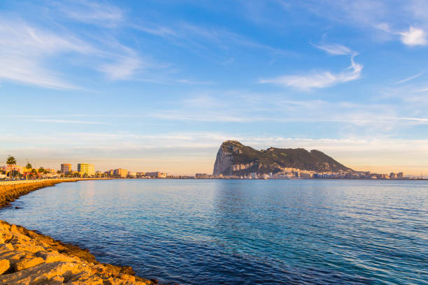 panoramic view on the rock of Gibraltar Amazing panoramic view on the rock of Gibraltar during sunset and the ships around it. gibraltar photos stock pictures, royalty-free photos & images