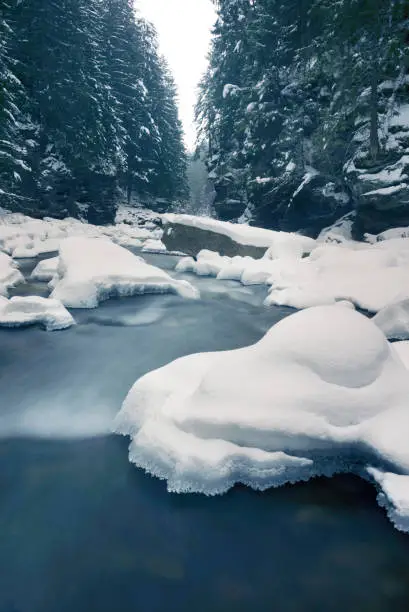 Photo of River and icefalls in winter in the mountains